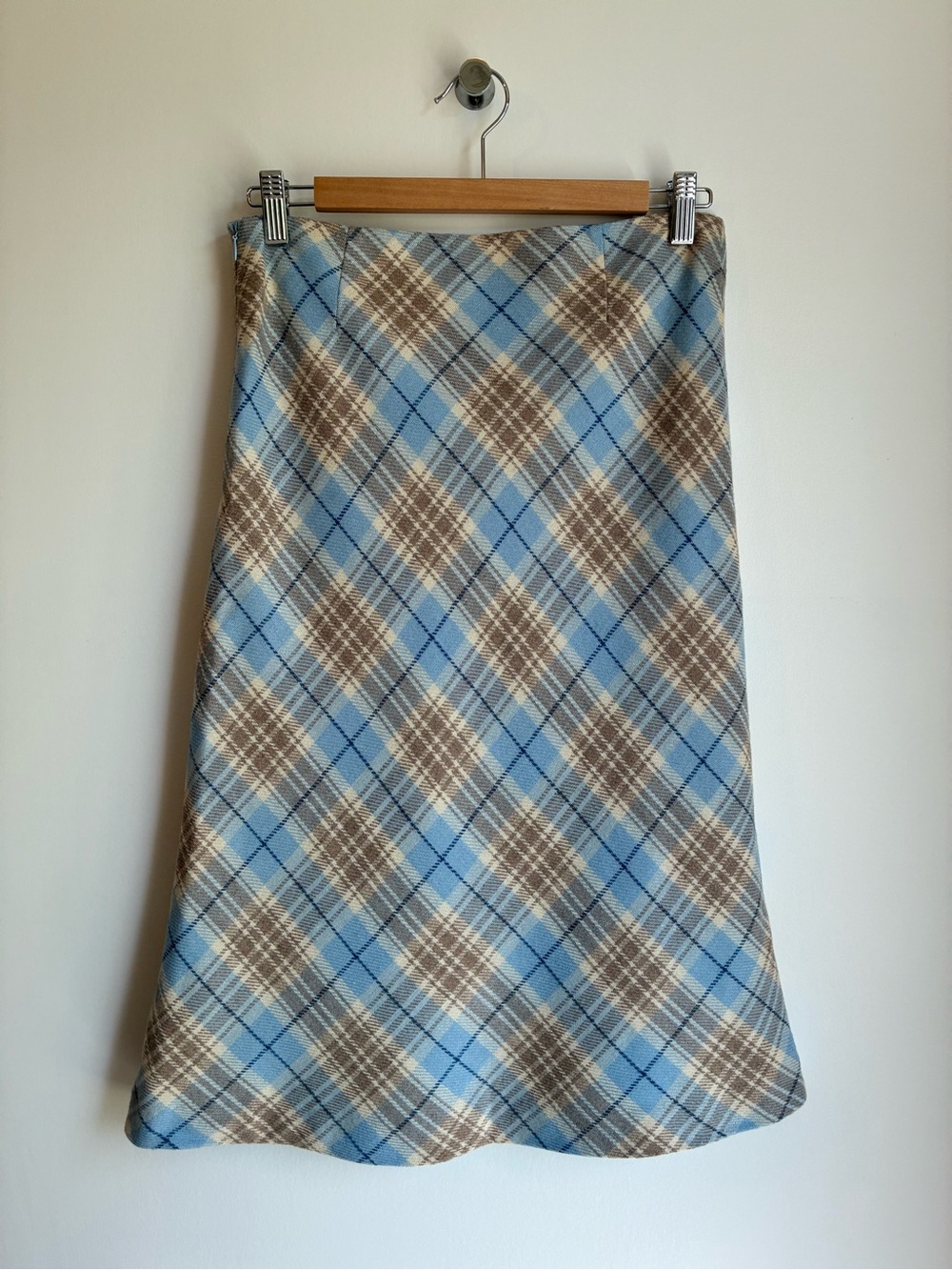 Esprit Blue Plaid Wool Blend A-line Midi Skirt Side Zip Medium 9